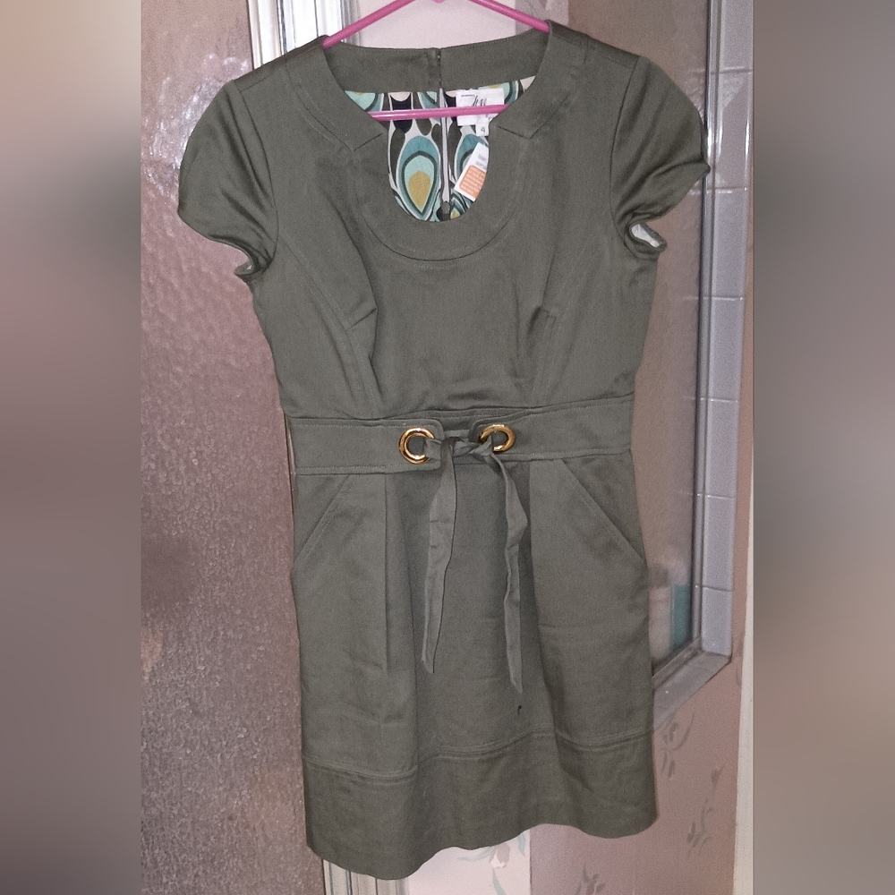 Milly Olive Green Cotton Dress with Gold Accents Size 4